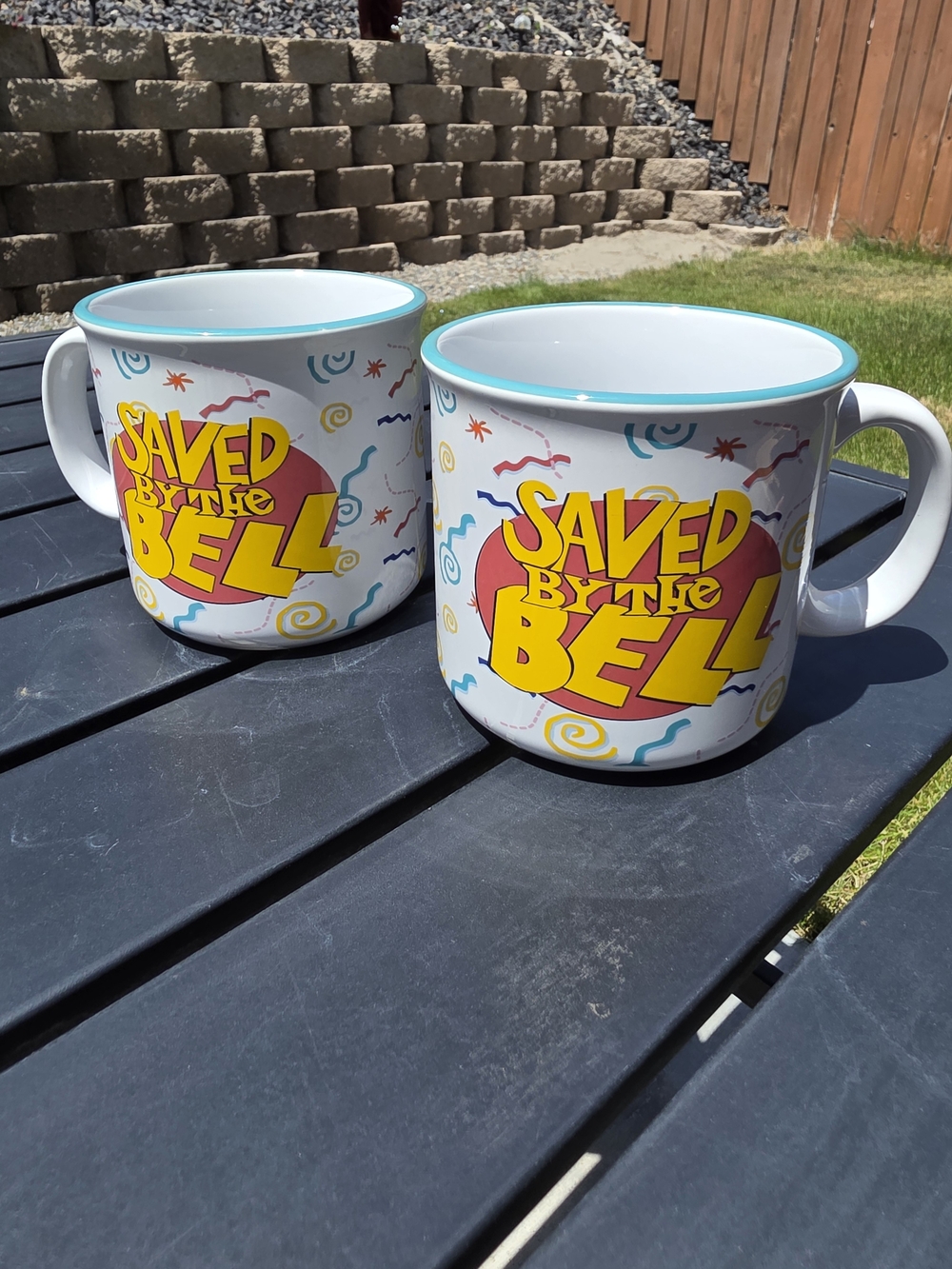 Saved by the Bell Logo Mugs Set of 2 White 20 oz Teal Rim Retro 90s Universal